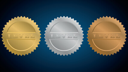 Set of  gold silver bronze level medals. Medals  achieved of rank.
