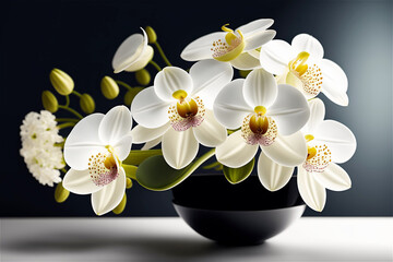 White orchid on black background, generative AI