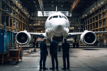 Aeronautical engineers in a hangar and a jetliner in background, high quality generative ai