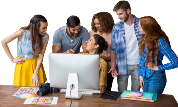 Cheerful usiness people discussing over computer at table