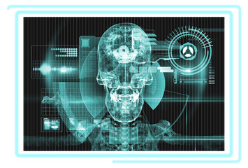 Digital image of human skull with report on screen