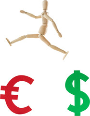Wooden figurine jumping over dollar and euro symbol