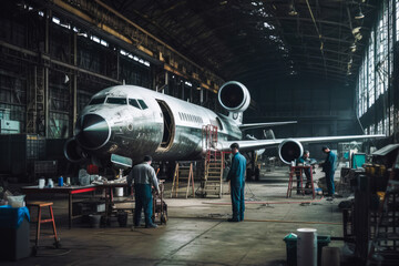 Aeronautical engineers in a hangar and a jetliner in background, high quality generative ai - obrazy, fototapety, plakaty
