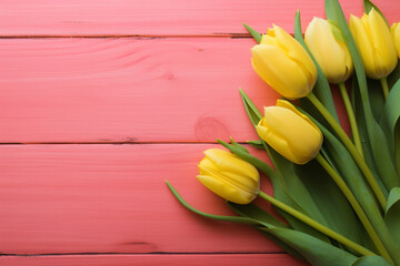 Tulip border with copy space. Beautiful frame composition of spring flowers. Bouquet of yellow...