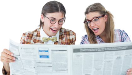 Geeky hipsters reading the newspaper