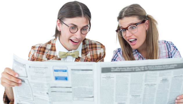 Geeky hipsters reading the newspaper - Powered by Adobe