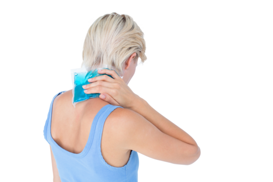 Blonde woman putting gel pack on neck 