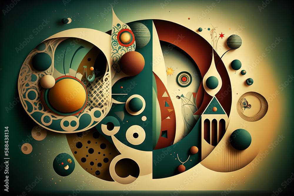 Poster Abstract shapes retro composition in 20s avantrgarde or futurism style. Retro background with surreal mindbending figures. Generated AI.