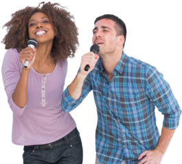 Fun duo singing at karaoke