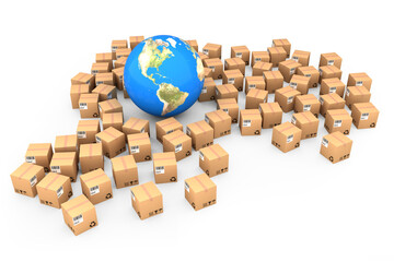 Composite image of globe amidst boxes