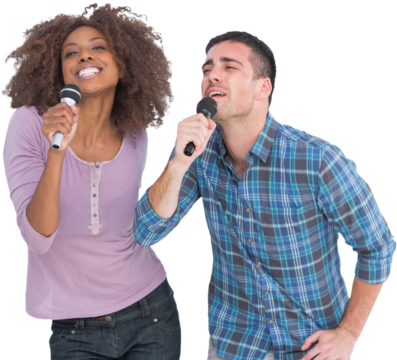 Fun duo singing at karaoke - Powered by Adobe