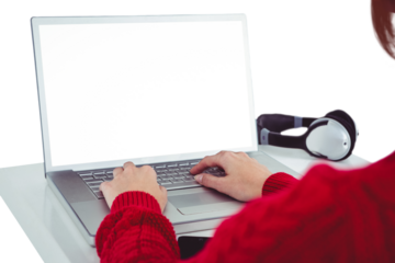 Hipster woman using laptop with a white screen