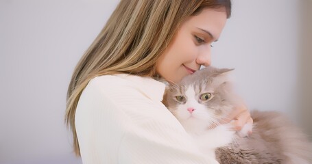 Portrait cute pretty young beautiful woman hugging embrace cute little fluffy cat, Relationship between pets and people. fluffy cat in the arms of his pet owner.