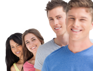 Four people standing in a line with each person angled out a little more 