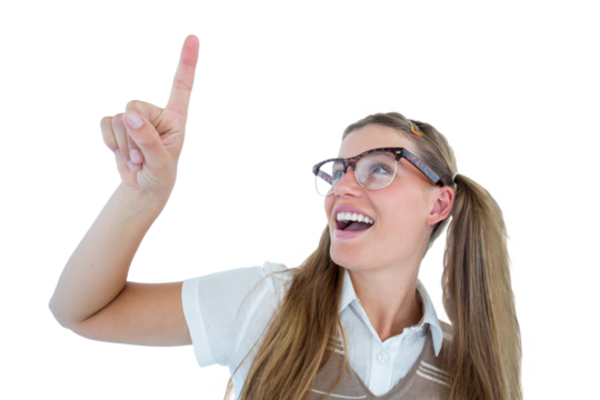 Happy geeky hipster pointing 