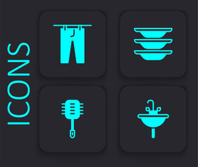 Set Washbasin, Drying clothes, Washing dishes and Toilet brush icon. Black square button. Vector