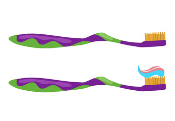 Illustration of two toothbrushes isolated on a white background. Toothbrush with colored toothpaste, oral and dental care, vector.Nylon bristles and plastic handles.