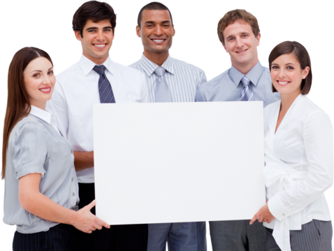 Smiling business people holding blank cardboard against white background - Powered by Adobe