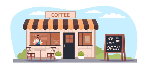 Facade of cafe with tables on terrace and inscription we opened. Restaurant or shop building. Front view house facade with door, windows and signboard, cartoon flat illustration, vector concept