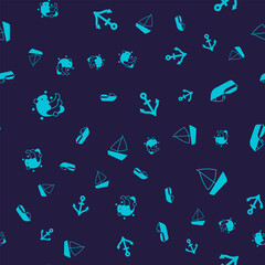 Set Tsunami, Jet ski, Anchor and Yacht sailboat on seamless pattern. Vector