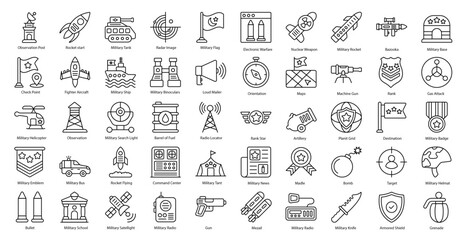 Military Thin Line Icons Army Soldier Iconset in Outline Style 50 Vector Icons in Black