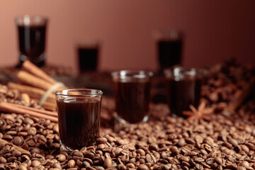 Coffee liquor on a brown background.