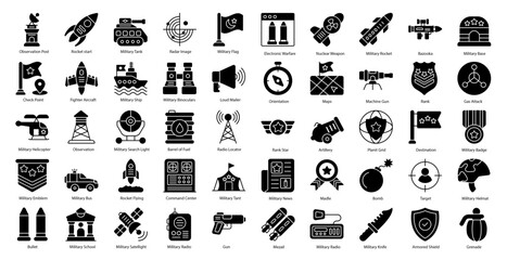 Military Glyph Icons Army Soldier Iconset in Glyph Style 50 Vector Icons in Black