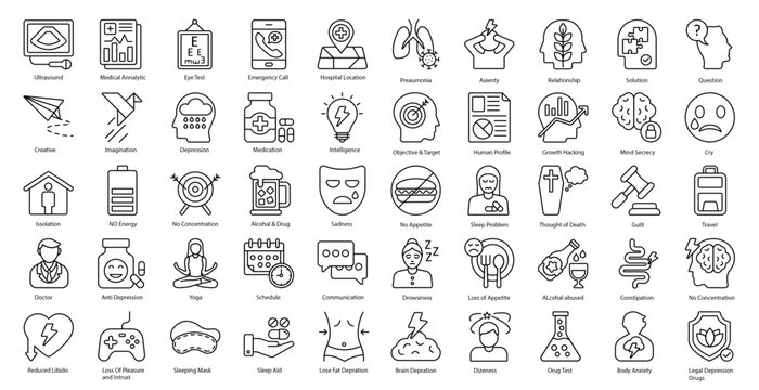 Anxiety Thin Line Icons Depression Emotion Mental Health Iconset in Outline Style 50 Vector Icons in Black