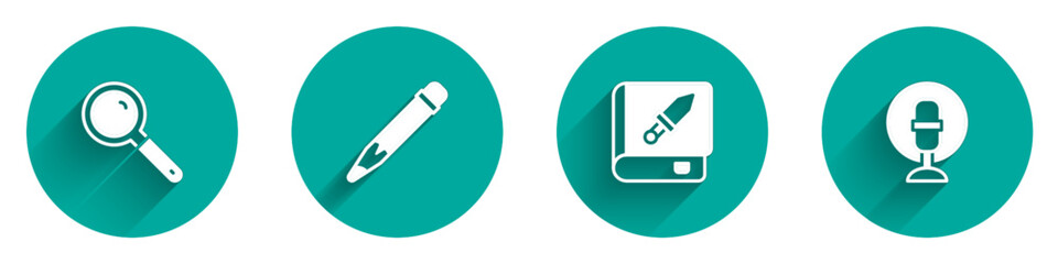 Set Magnifying glass, Pencil with eraser, Book about weapon and Microphone icon with long shadow. Vector