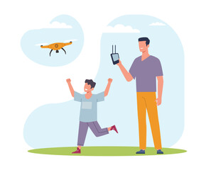Father and son launch drone in wild. Outdoor recreation leisure for family. Quadcopter electronic technology, flying vehicle gadget with propeller. Cartoon flat illustration. Vector concept
