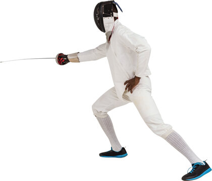 Man wearing fencing suit practicing with sword - Powered by Adobe