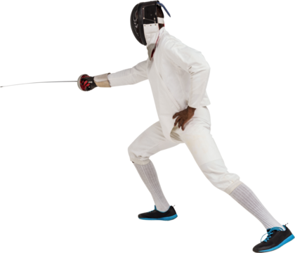 Man wearing fencing suit practicing with sword