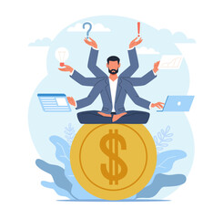 Financial guru, man in lotus pose sitting on coin. Money and investment advisor, wealth management, professional investor. Entrepreneur with many hands. Cartoon flat illustration. Vector concept