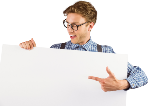 Geeky hipster showing a card