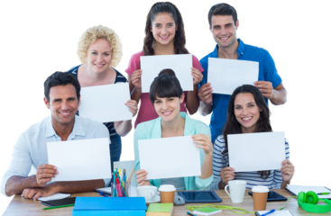 Creative business team holding a signboard