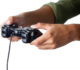 Woman playing video game against white background