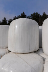 white plastic packaging for hay during storage in winter