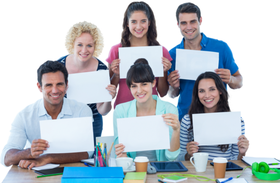 Creative business team holding a signboard