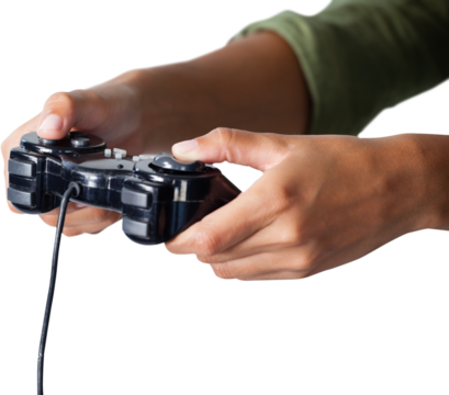 Woman playing video game against white background