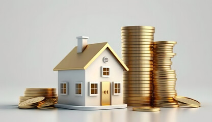 House and stack of coins with white background. Home savings concept. Energy saving. Cost of the house. Cost of living. Savings for home goal. Dreaming of home. AI generative. Investment property. - obrazy, fototapety, plakaty