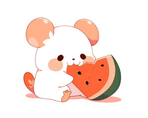 Obraz na płótnie Canvas Cute cartoon mouse eating watermelon. Vector illustration isolated on white background.