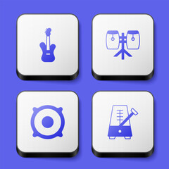 Set Electric bass guitar, Conga drums, Stereo speaker and Metronome with pendulum icon. White square button. Vector