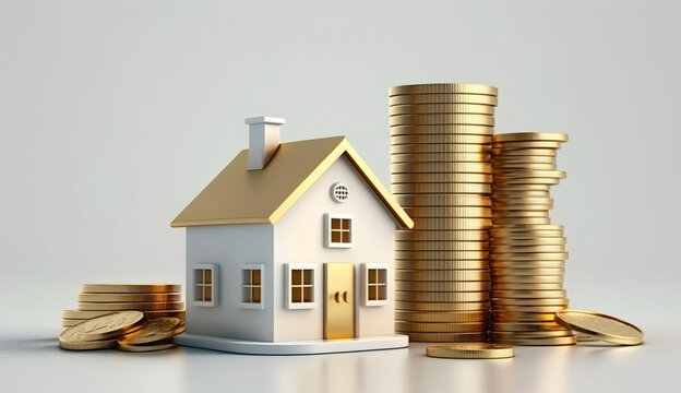 House and stack of coins with white background. Home savings concept. Energy saving. Cost of the house. Cost of living. Savings for home goal. Dreaming of home. AI generative. Investment property.