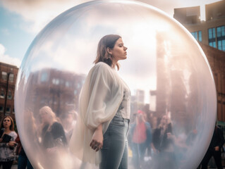 Young woman inside a transparent bubble on a crowded city street. Depiction of modern isolation and filter bubble of social media. Made with generative AI