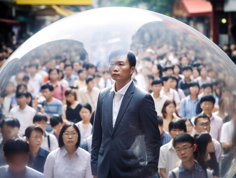 Chinese businessman inside a transparent bubble on a crowded city street. Depiction of modern isolation and filter bubble of social media. Made with generative AI