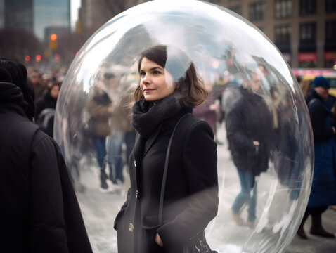 Middle-aged woman inside a transparent bubble on a city street. Depiction of modern isolation and filter bubble of social media. Made with generative AI