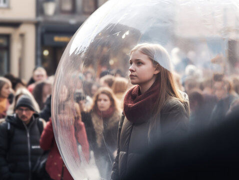 Teenage girl inside a transparent bubble on a crowded European city street. Depiction of modern isolation and filter bubble of social media. Made with generative AI
