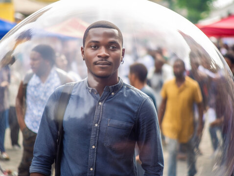 Young African man inside a transparent bubble on a crowded city street. Depiction of modern isolation and filter bubble of social media. Made with generative AI