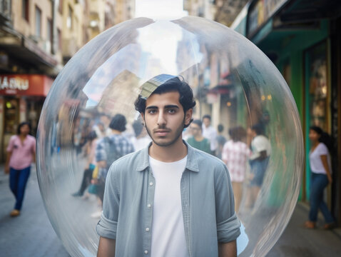Young Middle-Eastern man inside a transparent bubble on a crowded city street. Depiction of modern isolation and filter bubble of social media. Made with generative AI