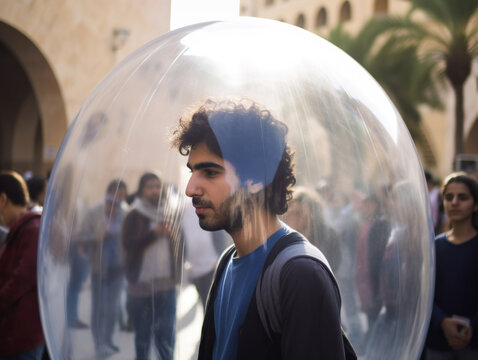 Young Middle-Eastern man inside a transparent bubble on a crowded city street. Depiction of modern isolation and filter bubble of social media. Made with generative AI